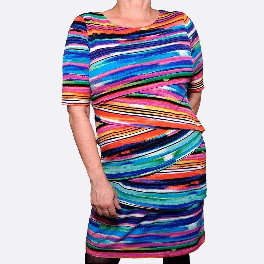 Connected Apparel Multicolor Striped Faux Wrap Sheath Dress L XL 1X 12 14